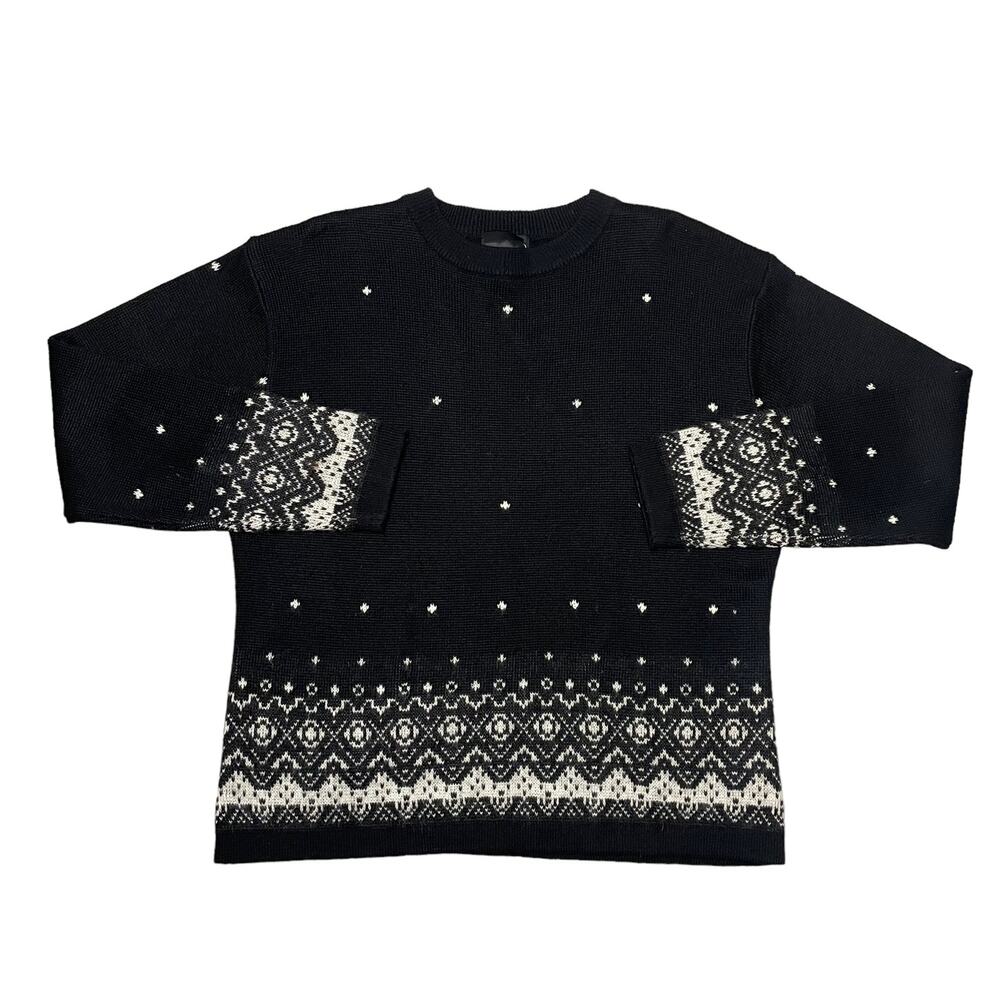 Meister Crewneck Sweater Vintage Knit Wool Blend Fair Isle Black & White Large